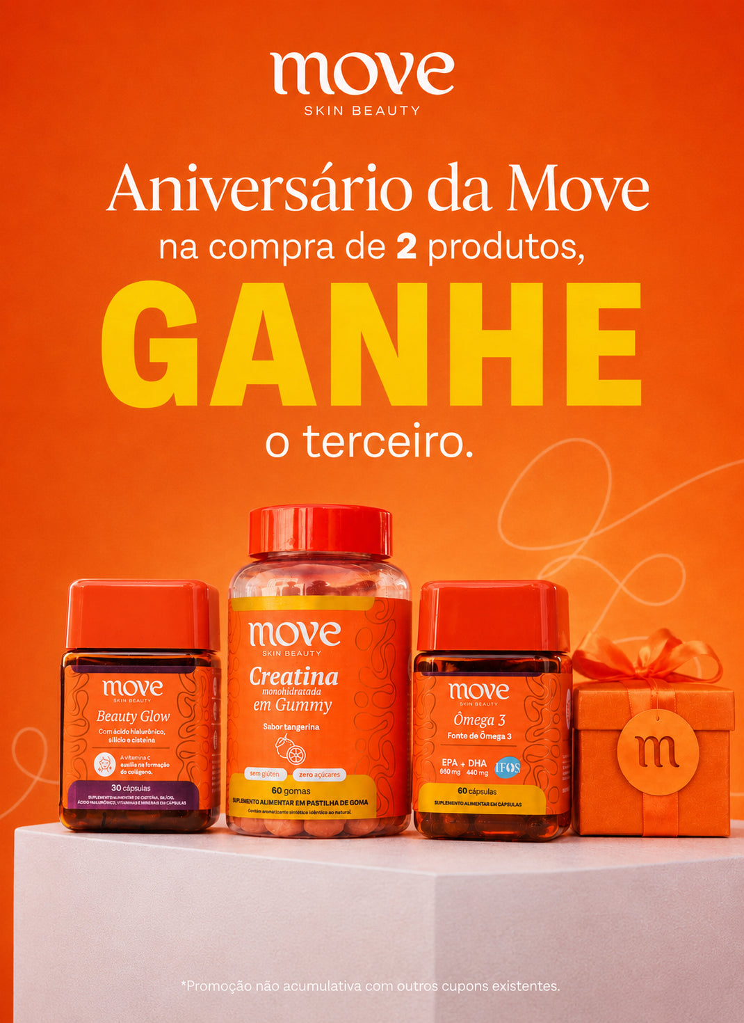 Banner laranja de aniversário da Move Skin Beauty com promoção: na compra de 2 produtos Move, ganhe o terceiro. Produtos Beauty Glow, Creatina em Gummy e Ômega 3 ao lado de presente laranja.