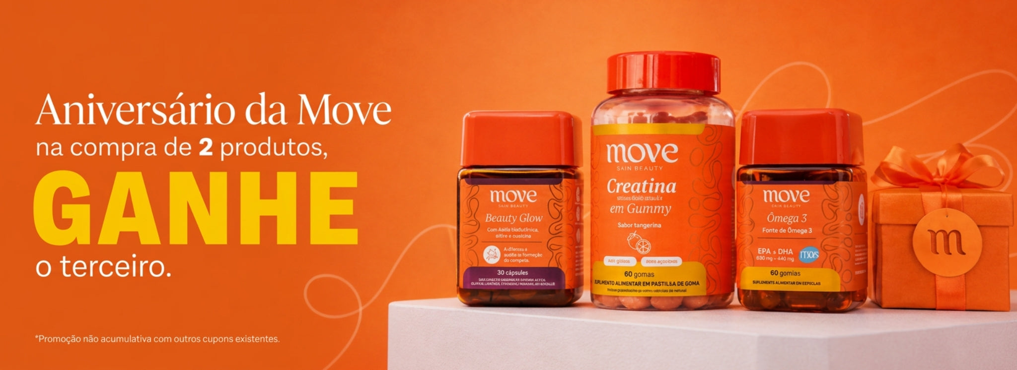 Banner laranja de aniversário da Move Skin Beauty com promoção: na compra de 2 produtos Move, ganhe o terceiro. Produtos Beauty Glow, Creatina em Gummy e Ômega 3 ao lado de presente laranja.